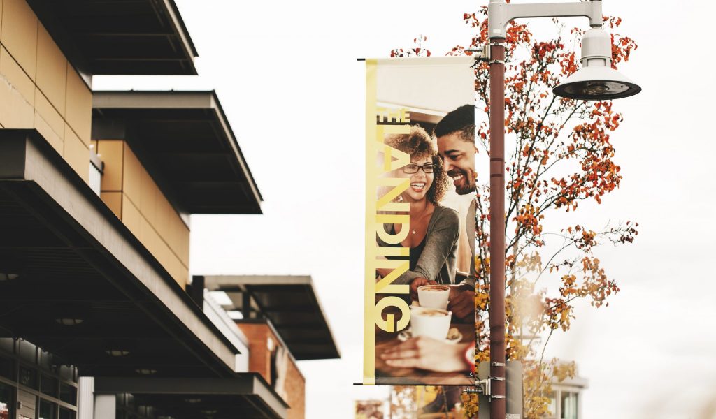 The Landing in Renton Lightpole banner at The Landing in Renton, Washington.